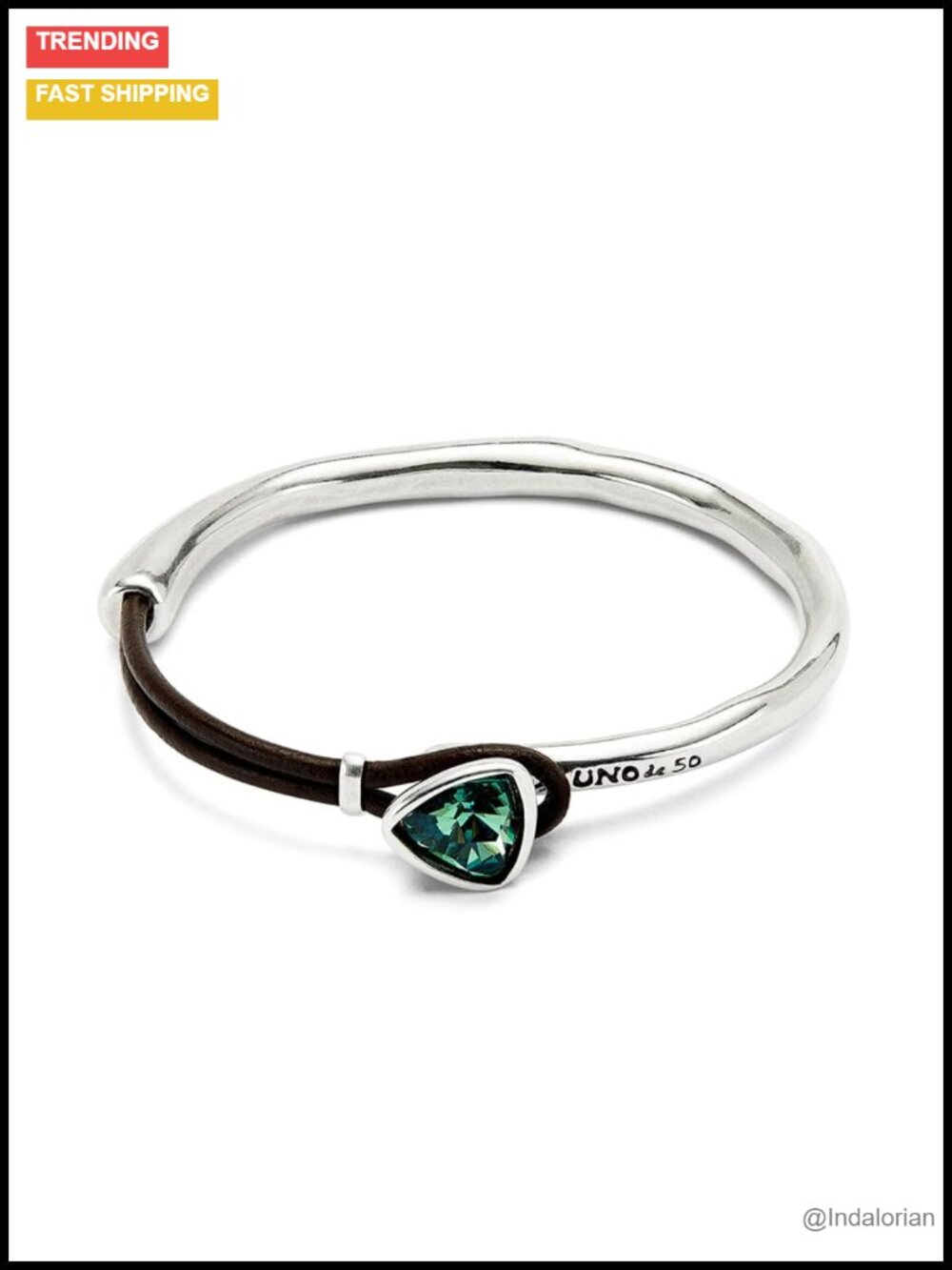 Uno de 50 Rigid Leather Bracelet with Green Crystal